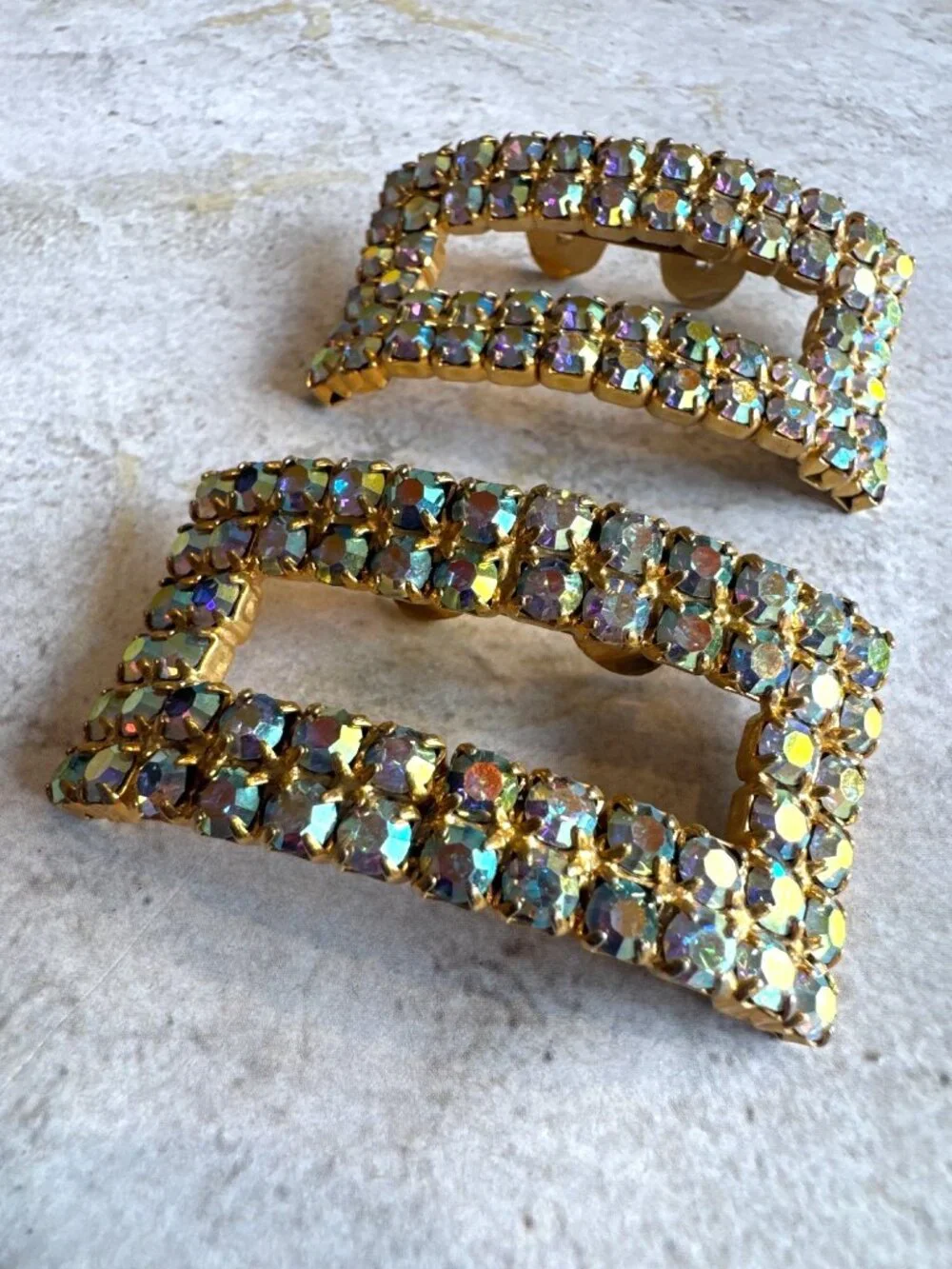 Vintage Rhinestone Gold Rectangular Shoe Clips 2-Inch - Picture 3 of 7